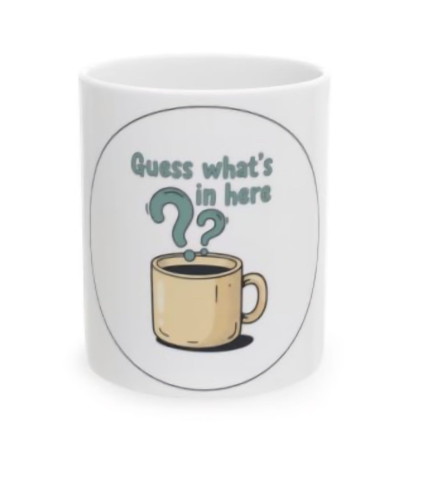 Funny Coffee Mug – “Guess What’s In Here?” Ceramic Tea & Coffee Cup (11oz, 15oz)