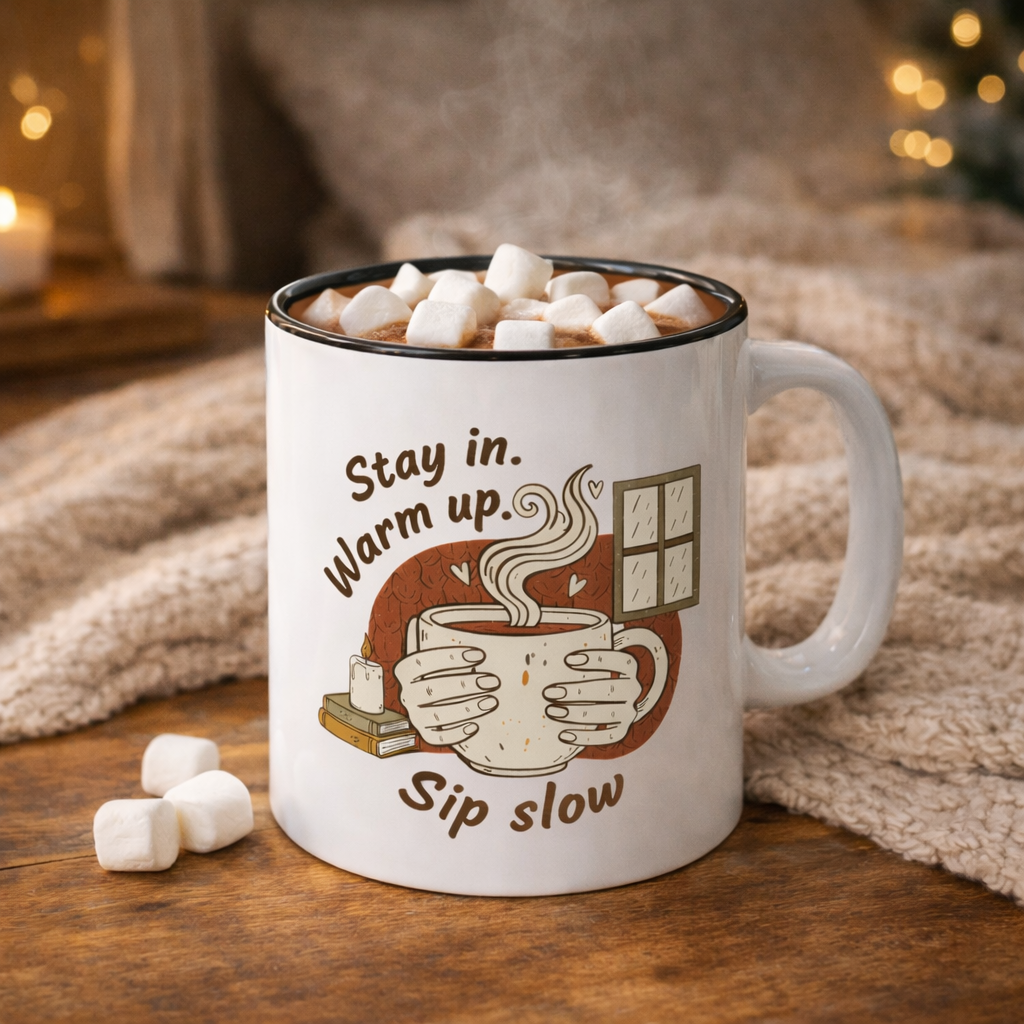 Stay In, Warm Up, Sip Slow Coffee Mug — Cozy Hygge Hot Beverage Cup (11/15oz)