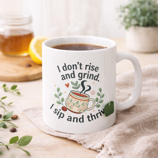 Ceramic Mug — "I Don't Rise and Grind, I Sip and Thrive" Coffee Tea Cup
