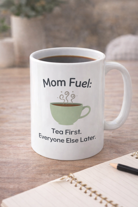 Tea Mom Mug — "Mom Fuel: Tea First, Everyone Else Later" Ceramic Coffee Cup (11oz & 15oz)