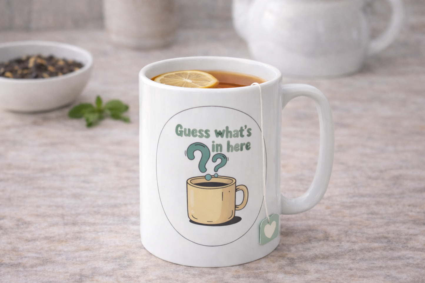 Funny Coffee Mug – “Guess What’s In Here?” Ceramic Tea & Coffee Cup (11oz, 15oz)