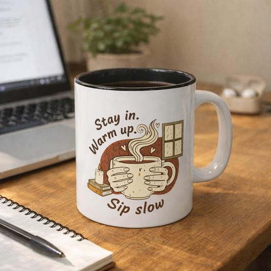 Stay In, Warm Up, Sip Slow Coffee Mug — Cozy Hygge Hot Beverage Cup (11/15oz)