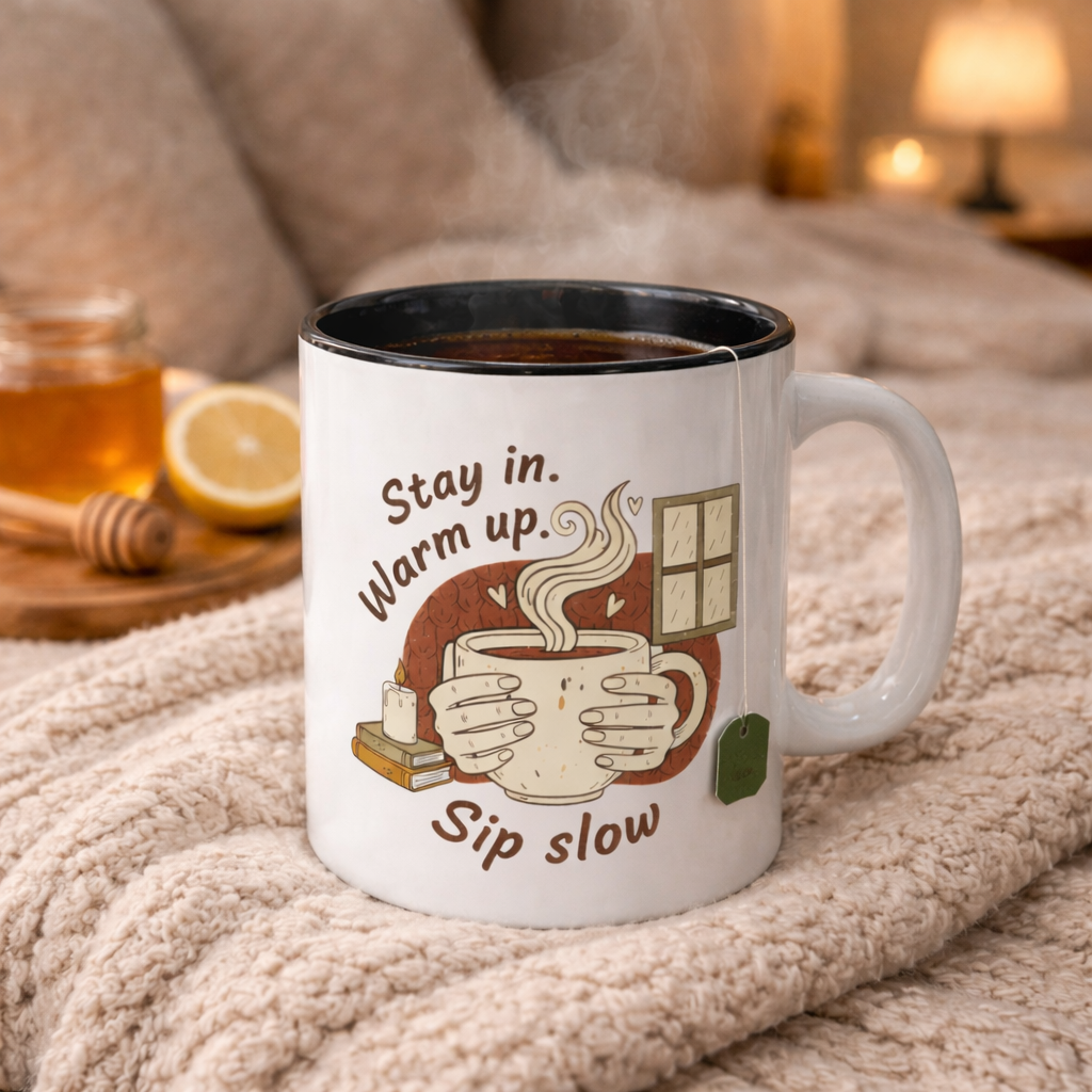 Stay In, Warm Up, Sip Slow Coffee Mug — Cozy Hygge Hot Beverage Cup (11/15oz)