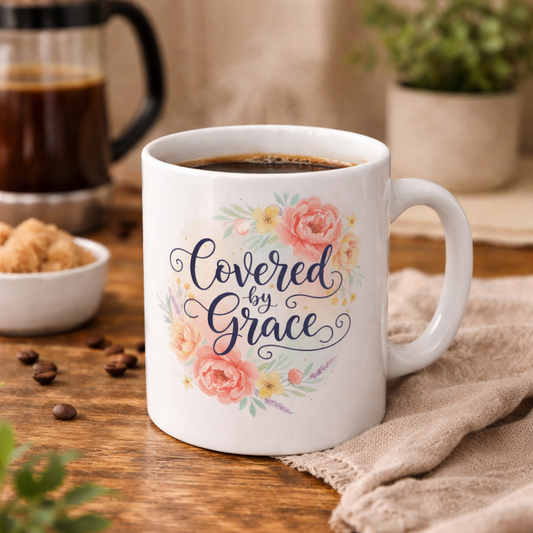 Covered By Grace Floral Ceramic Mug — Inspirational Christian Coffee Cup (11oz, 15oz)