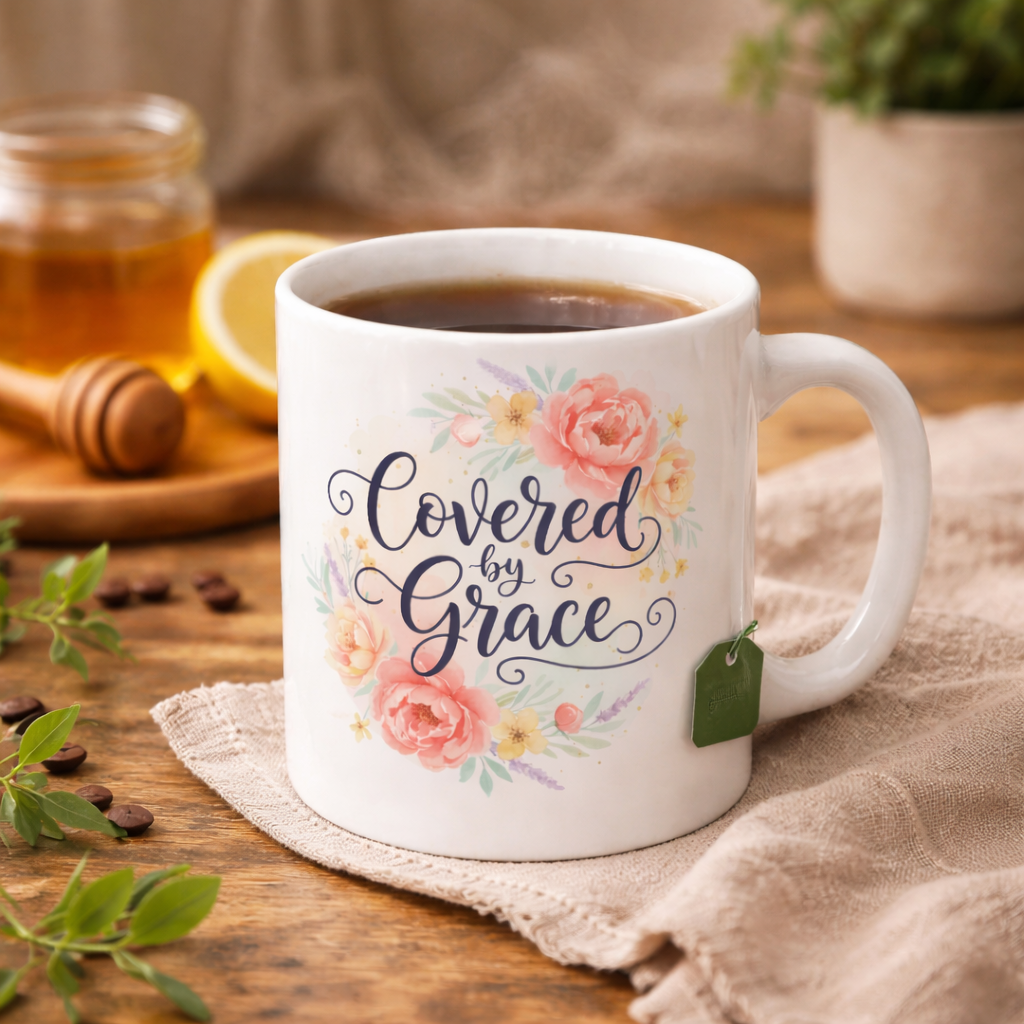 Covered By Grace Floral Ceramic Mug — Inspirational Christian Coffee Cup (11oz, 15oz)