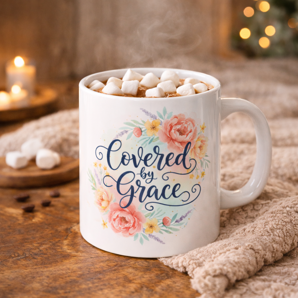 Covered By Grace Floral Ceramic Mug — Inspirational Christian Coffee Cup (11oz, 15oz)