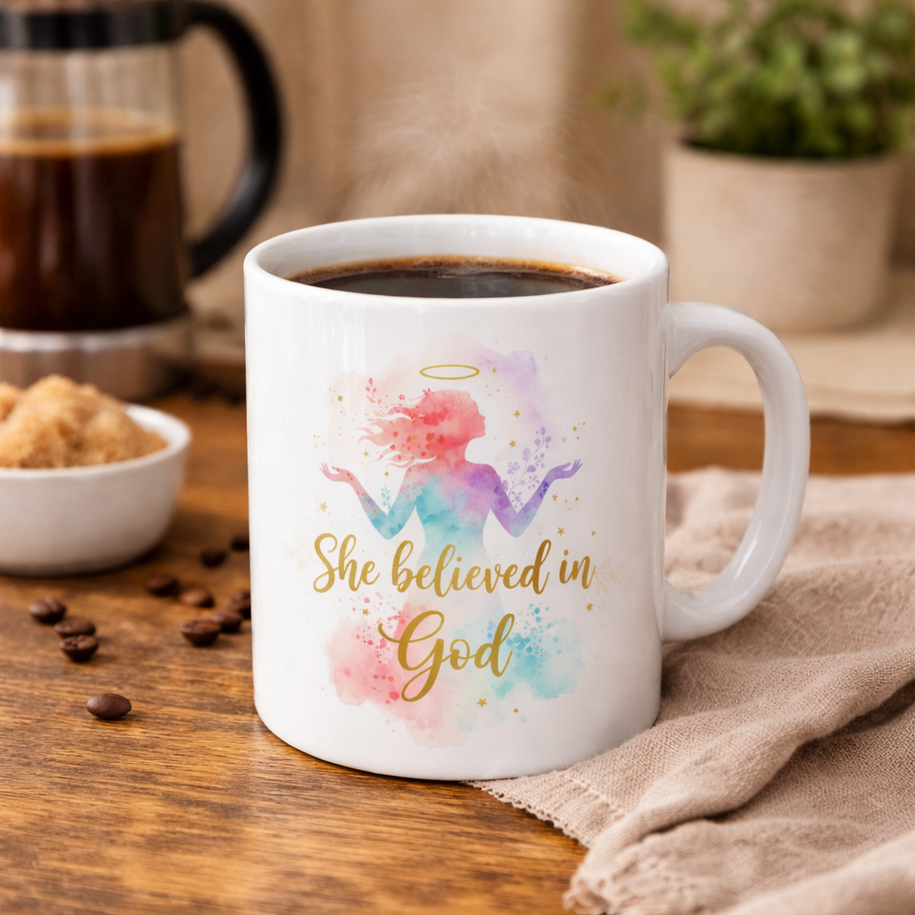 She Believed in God Ceramic Mug — Inspirational Faith Coffee Cup (11oz & 15oz)