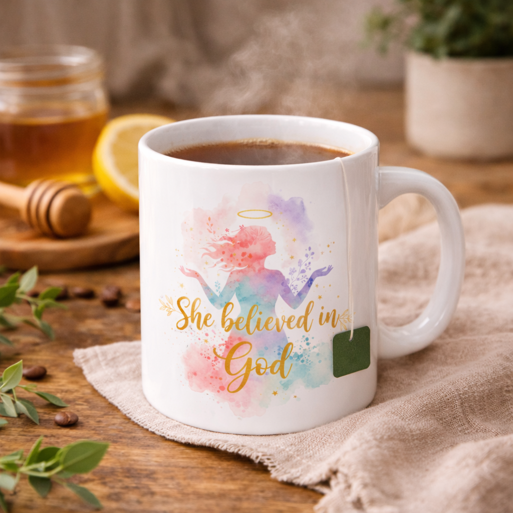 She Believed in God Ceramic Mug — Inspirational Faith Coffee Cup (11oz & 15oz)