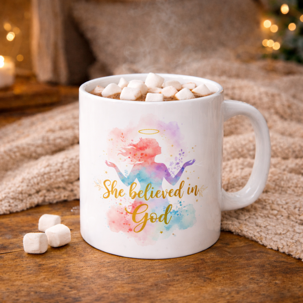 She Believed in God Ceramic Mug — Inspirational Faith Coffee Cup (11oz & 15oz)