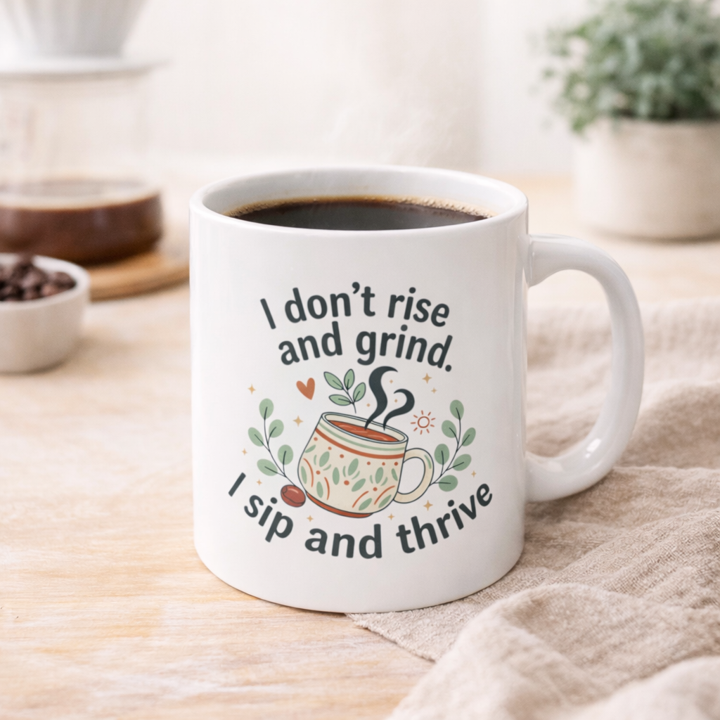 Ceramic Mug — "I Don't Rise and Grind, I Sip and Thrive" Coffee Tea Cup