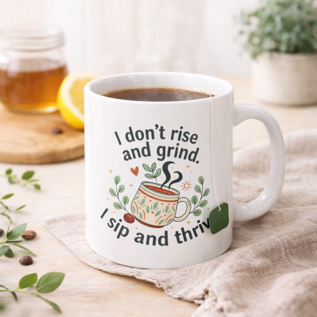 Ceramic Mug — "I Don't Rise and Grind, I Sip and Thrive" Coffee Tea Cup