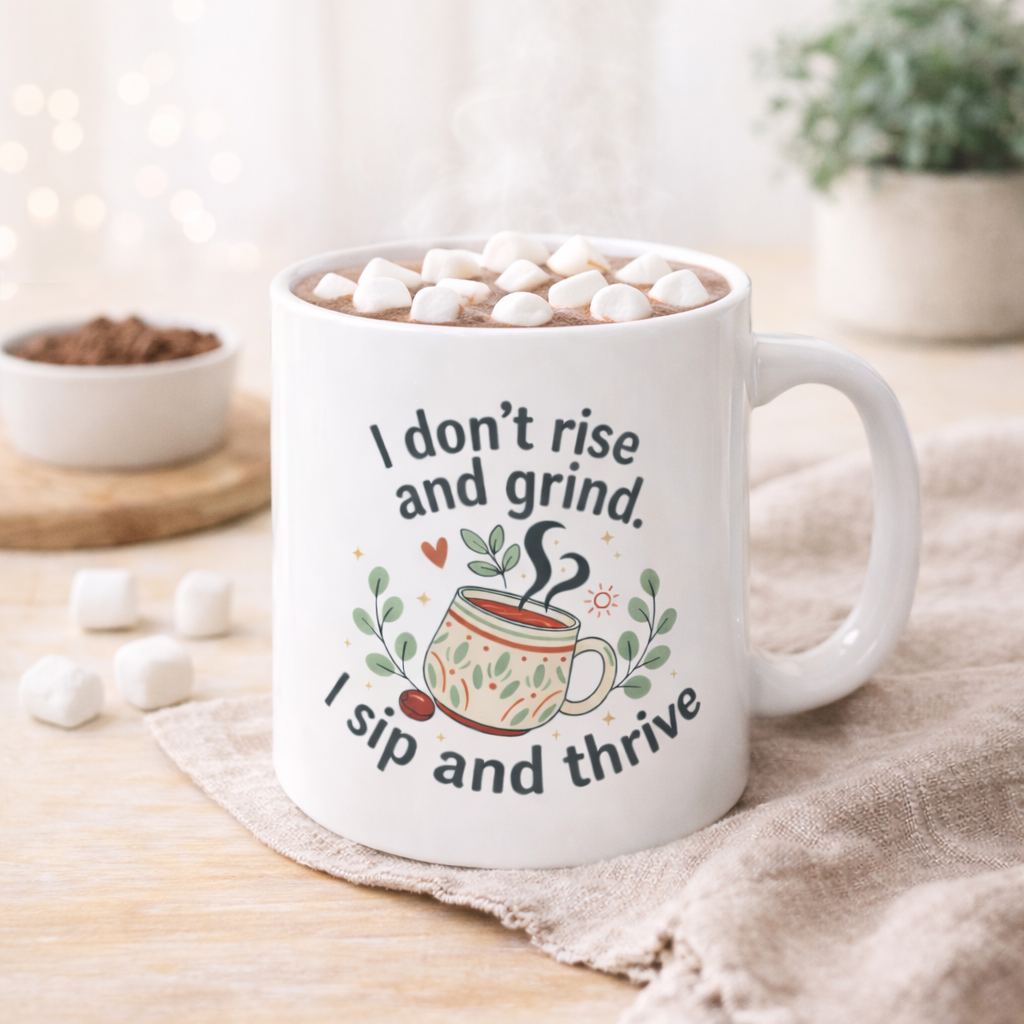 Ceramic Mug — "I Don't Rise and Grind, I Sip and Thrive" Coffee Tea Cup