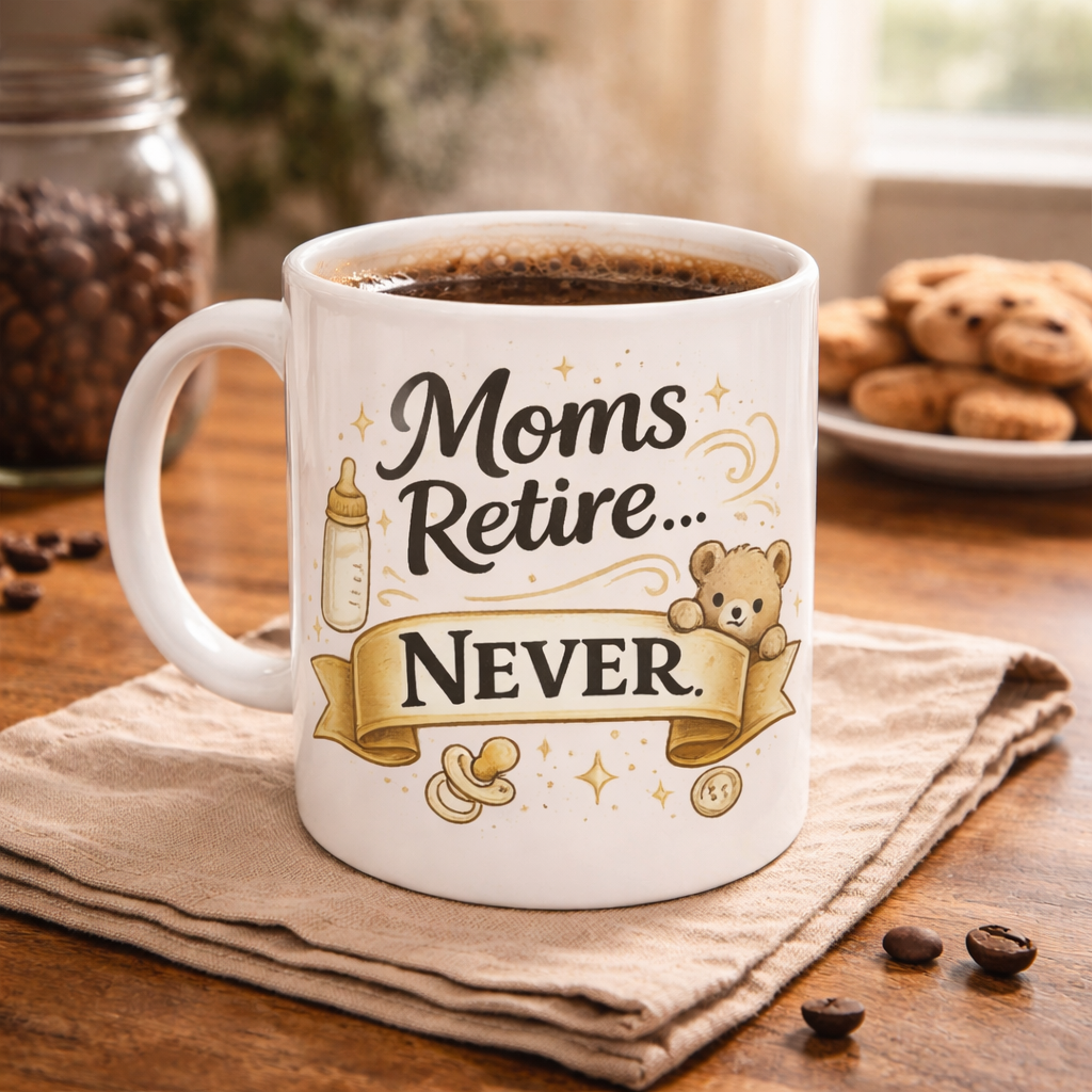 Mug — "Moms Retire… Never." Ceramic Coffee Cup | Funny Mother’s Day Gift