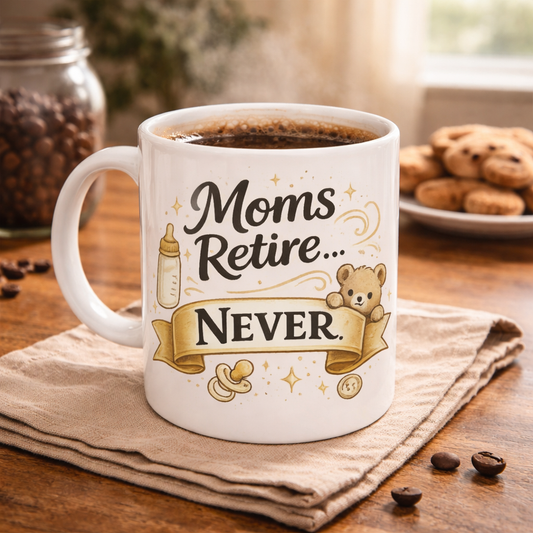 Mug — "Moms Retire… Never." Ceramic Coffee Cup | Funny Mother’s Day Gift