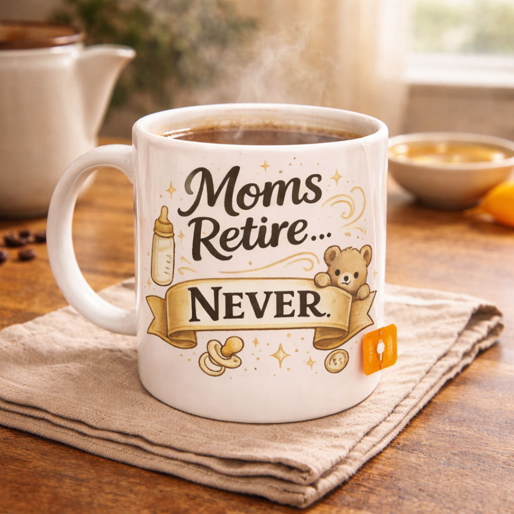 Mug — "Moms Retire… Never." Ceramic Coffee Cup | Funny Mother’s Day Gift