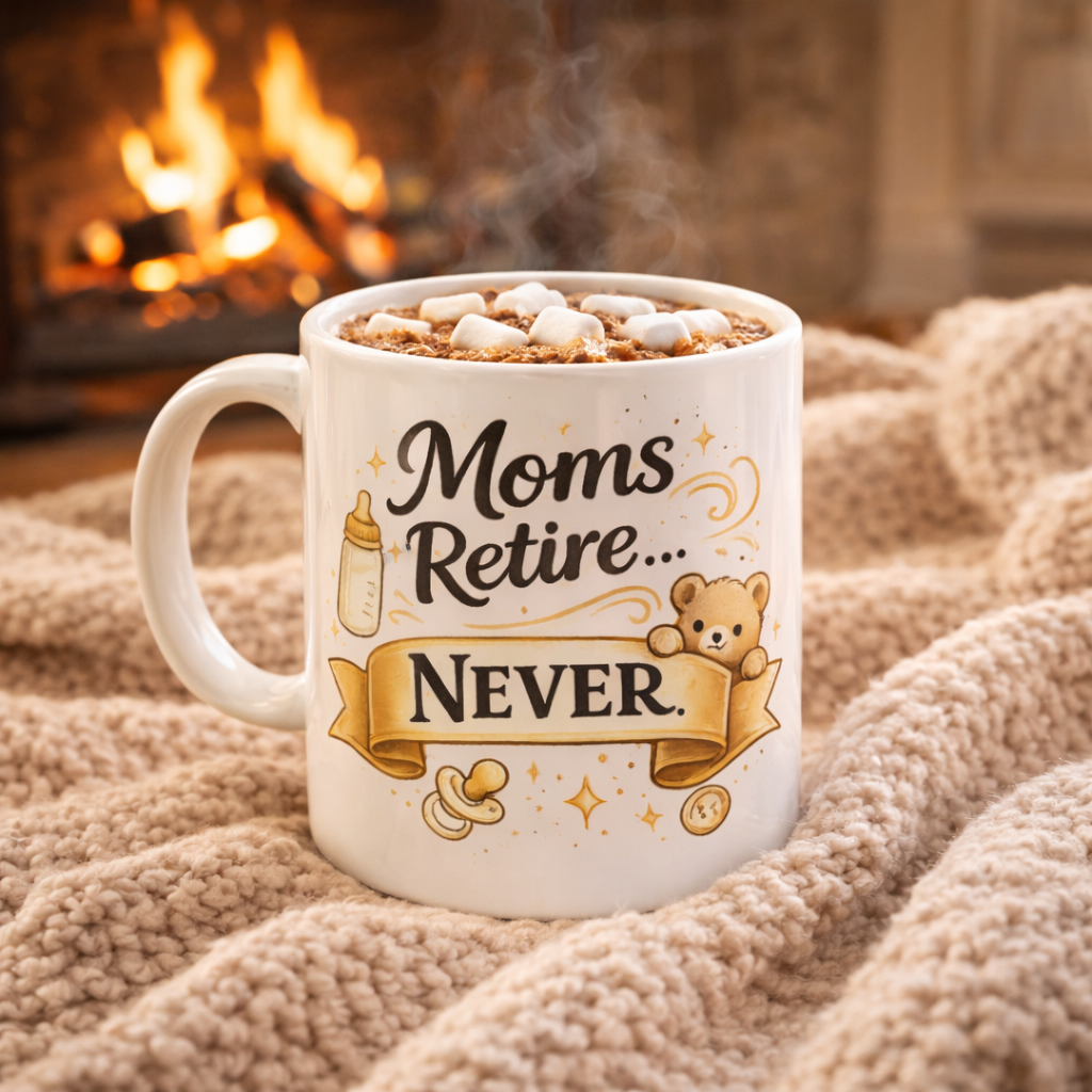 Mug — "Moms Retire… Never." Ceramic Coffee Cup | Funny Mother’s Day Gift