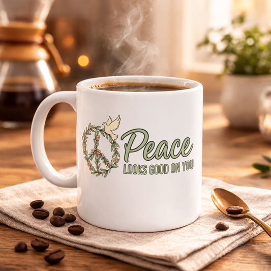 Peace Looks Good On You Ceramic Mug — Floral Peace Sign Coffee Cup (11oz & 15oz)