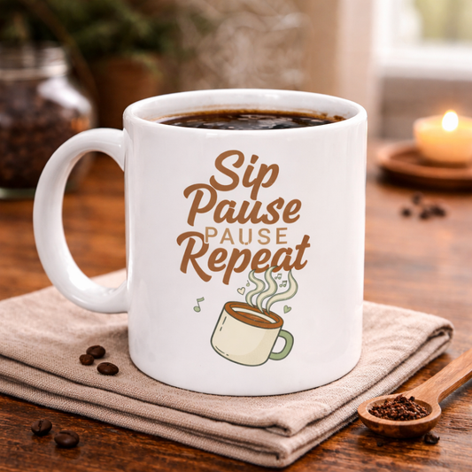 Sip Pause Repeat Ceramic Mug – Coffee Lover 11oz/15oz