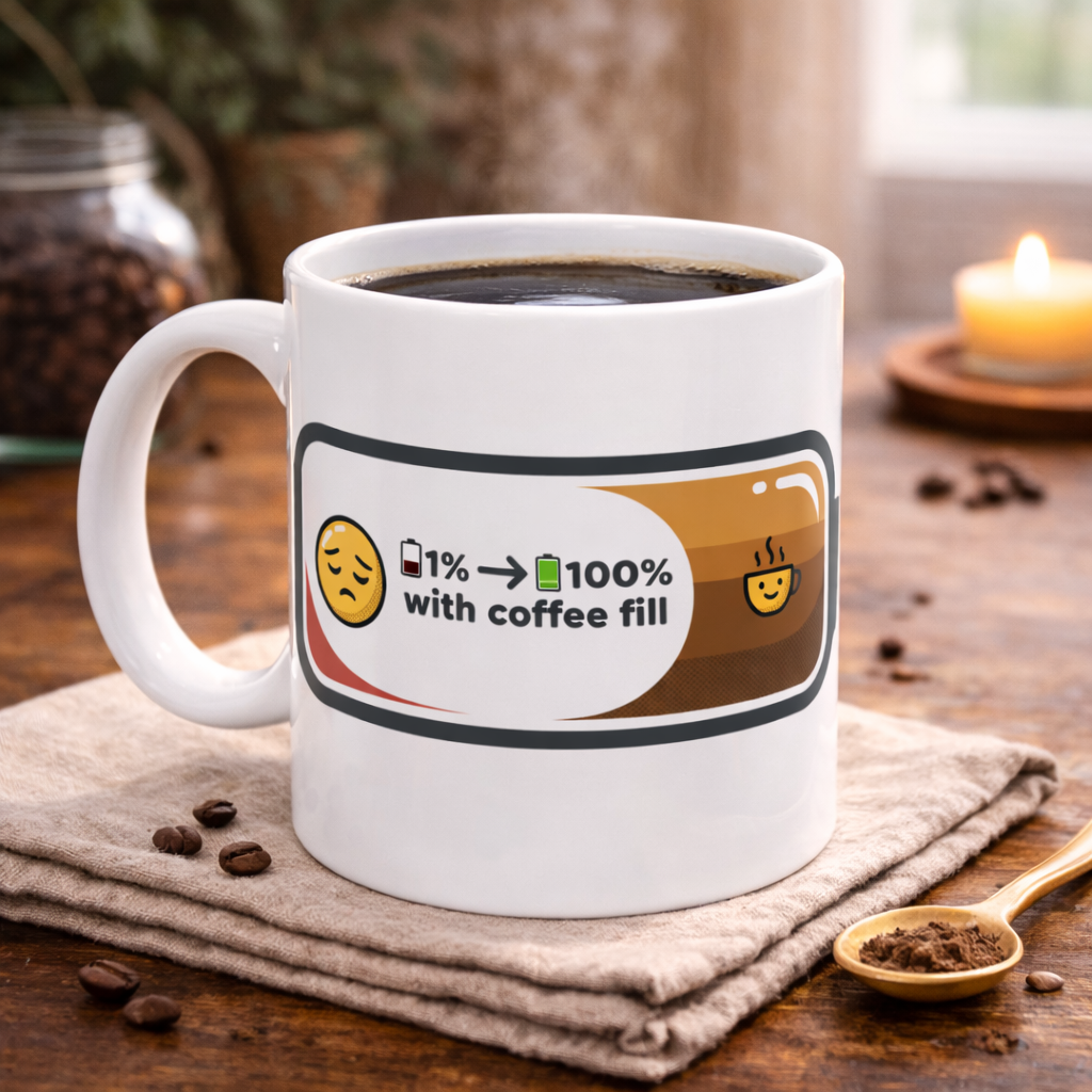 Coffee Recharge Ceramic Mug — "1% → 100% with coffee fill" (11oz, 15oz)