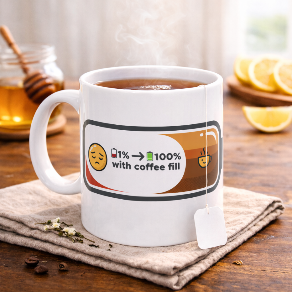 Coffee Recharge Ceramic Mug — "1% → 100% with coffee fill" (11oz, 15oz)