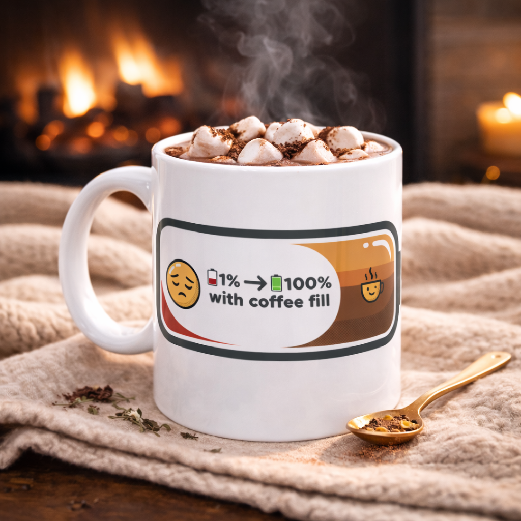 Coffee Recharge Ceramic Mug — "1% → 100% with coffee fill" (11oz, 15oz)