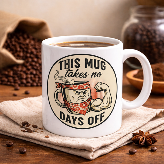 This Mug Takes No Days Off Ceramic Coffee Mug – Funny Strong Coffee Design (11oz/15oz)