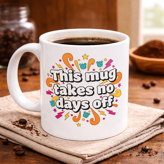 This Mug Takes No Days Off Ceramic Coffee Mug — Funny Motivational 11oz/15oz