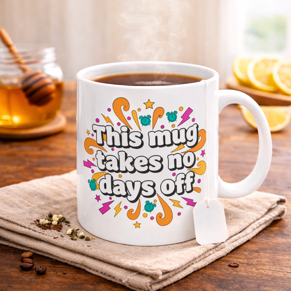 This Mug Takes No Days Off Ceramic Coffee Mug — Funny Motivational 11oz/15oz