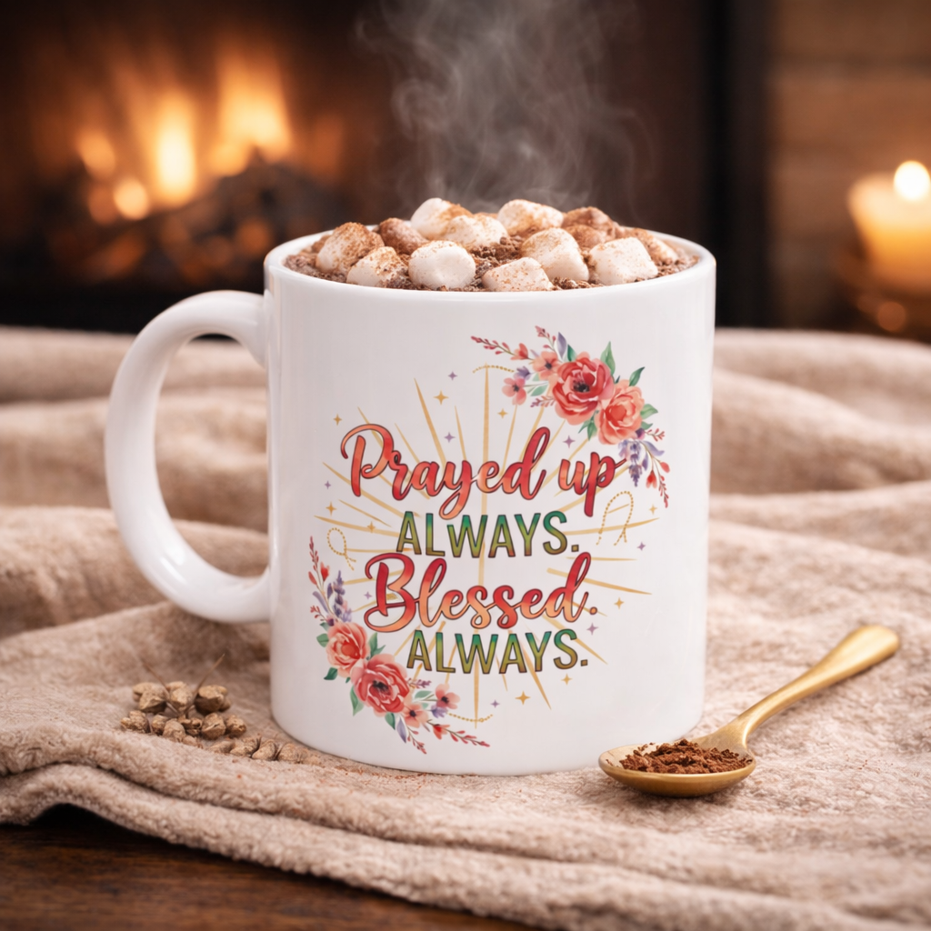Prayed Up Always, Blessed Always Ceramic Mug — Floral Inspirational Coffee Cup (11oz/15oz)