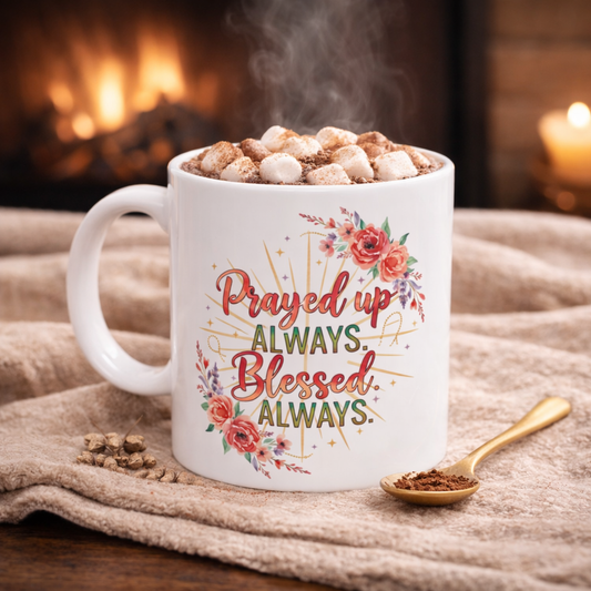 Prayed Up Always, Blessed Always Ceramic Mug — Floral Inspirational Coffee Cup (11oz/15oz)