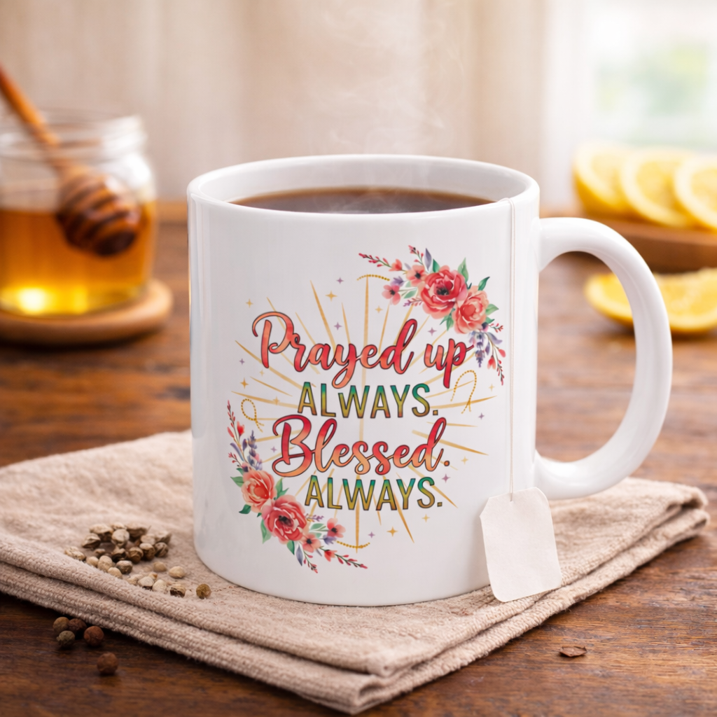 Prayed Up Always, Blessed Always Ceramic Mug — Floral Inspirational Coffee Cup (11oz/15oz)