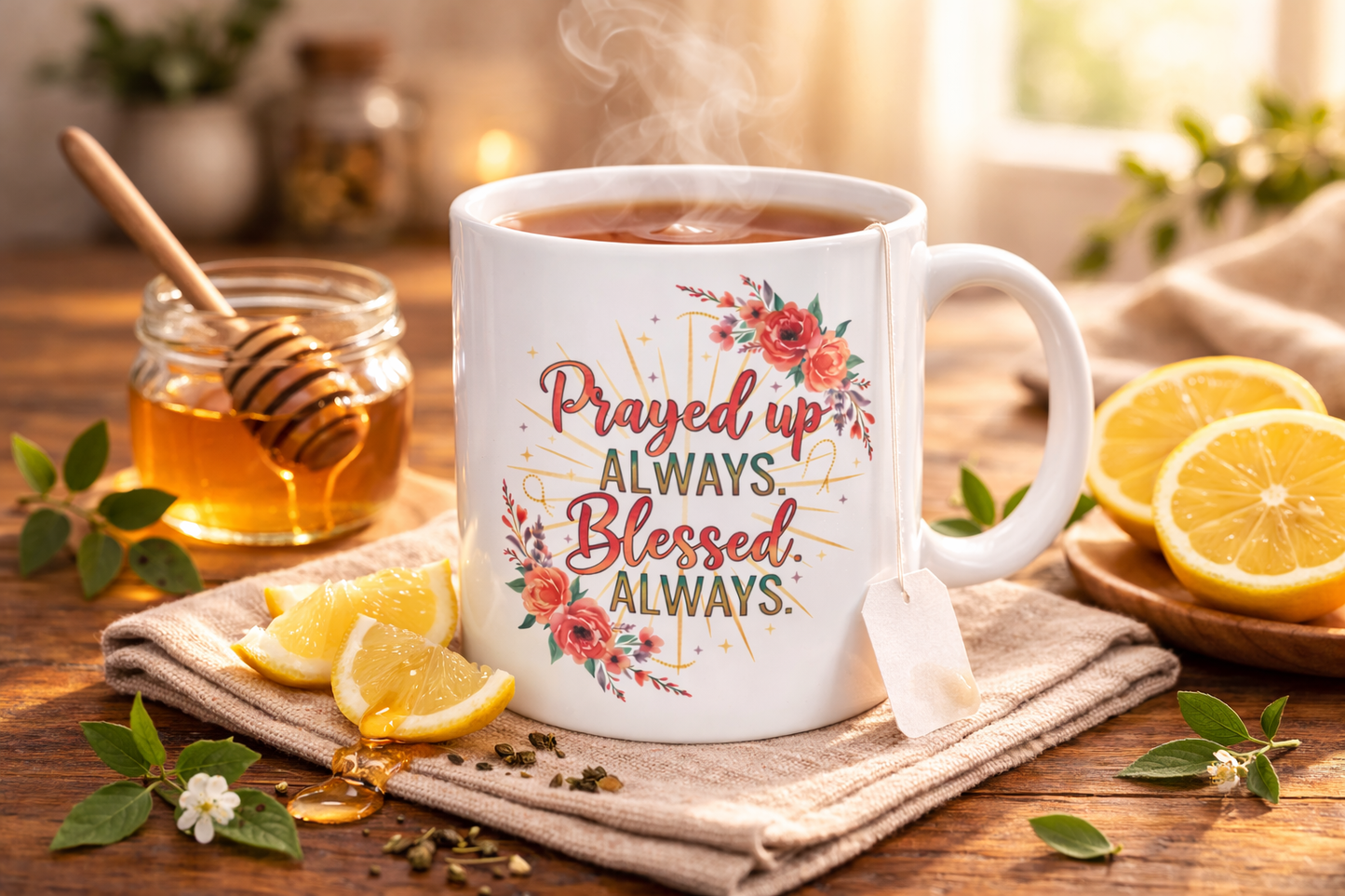 Prayed Up Always, Blessed Always Ceramic Mug — Floral Inspirational Coffee Cup (11oz/15oz)