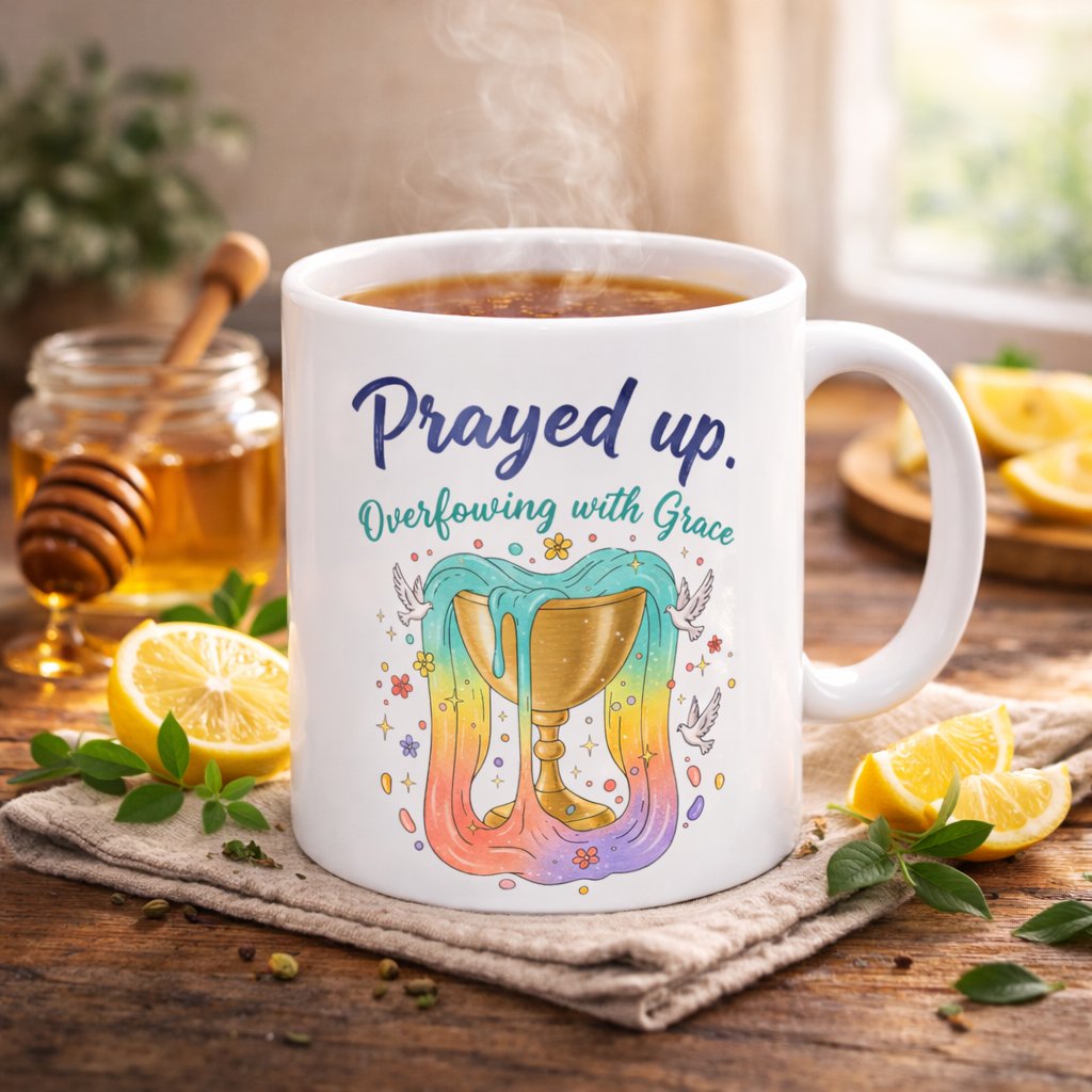 Prayed Up Ceramic Mug — "Overflowing with Grace" Inspirational Coffee Cup