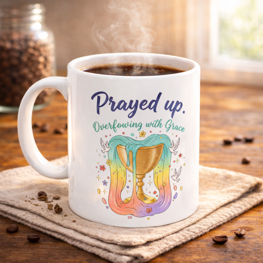 Prayed Up Ceramic Mug — "Overflowing with Grace" Inspirational Coffee Cup