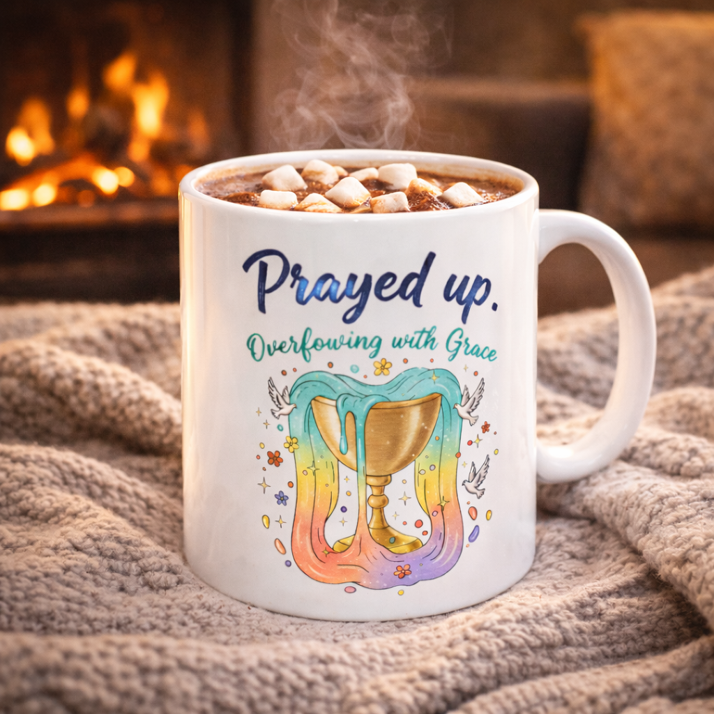 Prayed Up Ceramic Mug — "Overflowing with Grace" Inspirational Coffee Cup