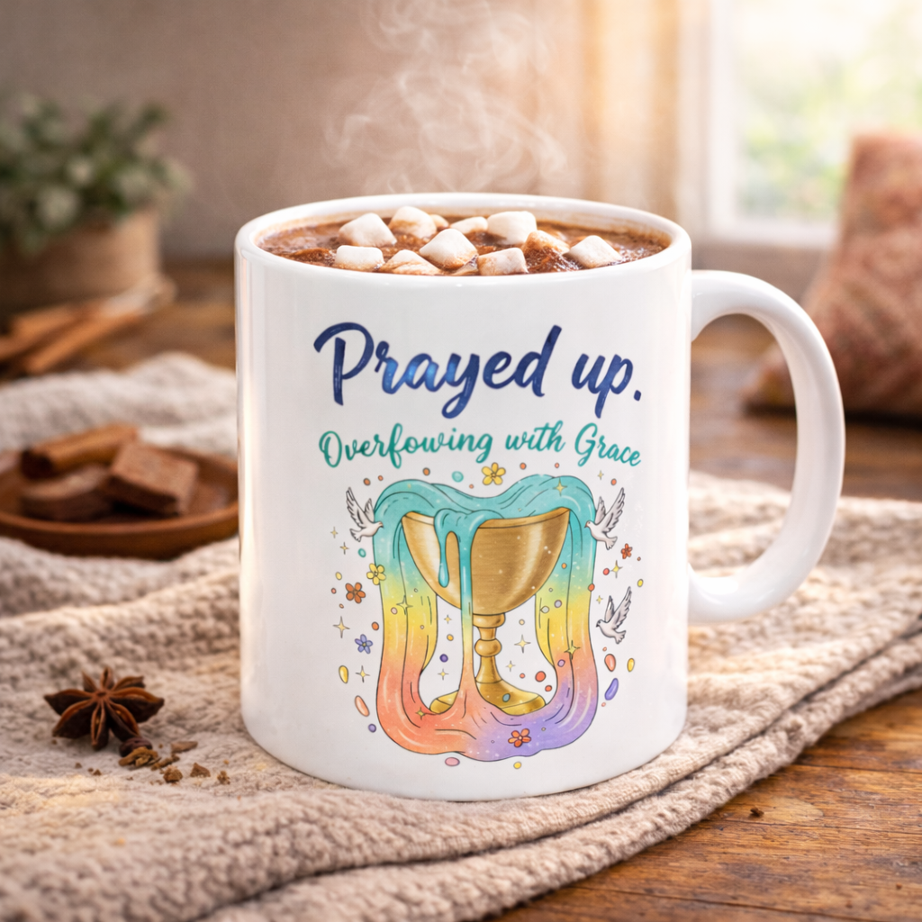 Prayed Up Ceramic Mug — "Overflowing with Grace" Inspirational Coffee Cup