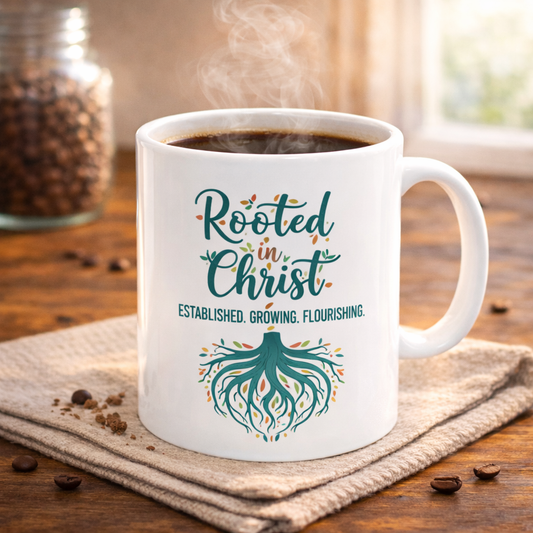 Rooted in Christ Ceramic Mug — Faith Coffee Cup with Tree & Roots Design (11oz, 15oz)