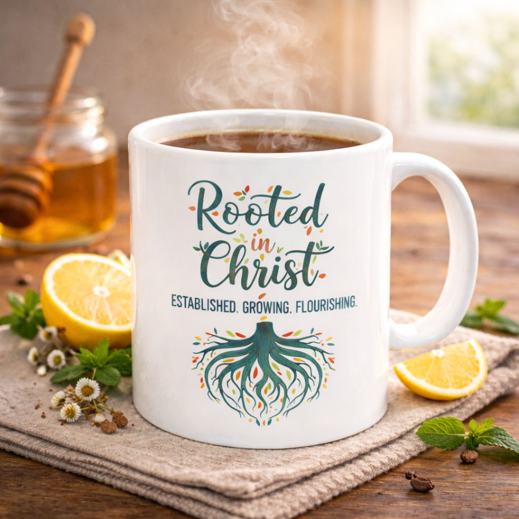 Rooted in Christ Ceramic Mug — Faith Coffee Cup with Tree & Roots Design (11oz, 15oz)