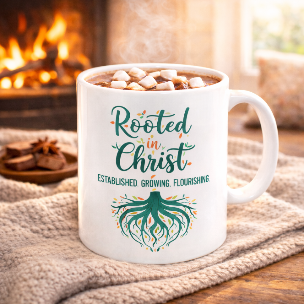 Rooted in Christ Ceramic Mug — Faith Coffee Cup with Tree & Roots Design (11oz, 15oz)