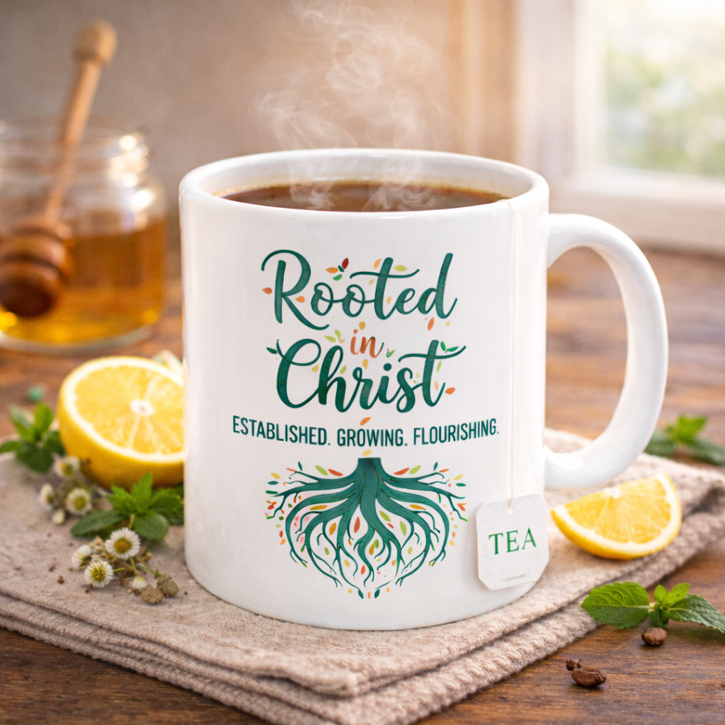 Rooted in Christ Ceramic Mug — Faith Coffee Cup with Tree & Roots Design (11oz, 15oz)