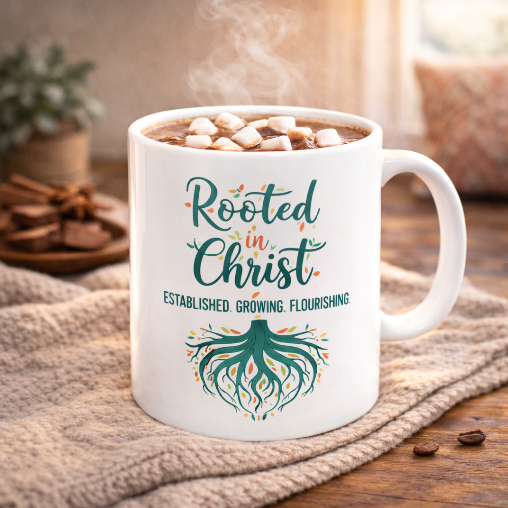 Rooted in Christ Ceramic Mug — Faith Coffee Cup with Tree & Roots Design (11oz, 15oz)
