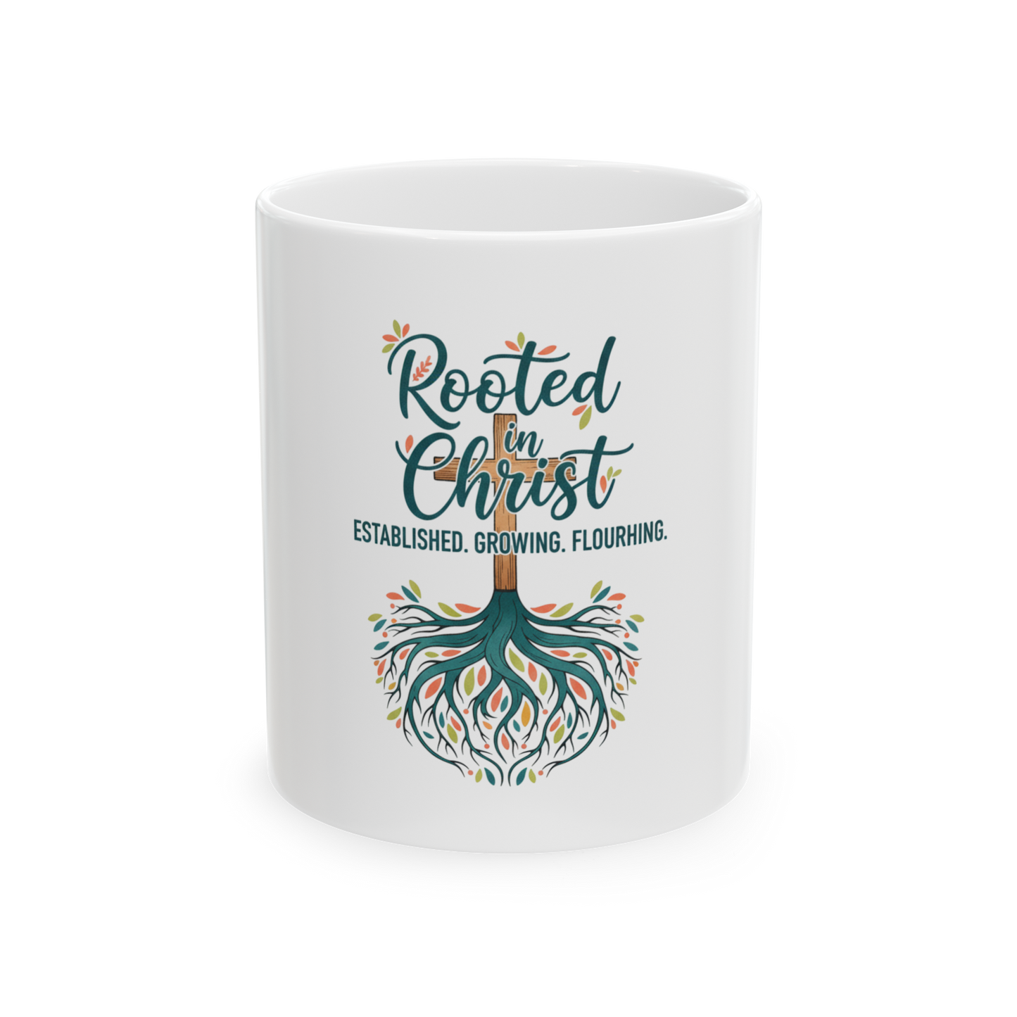 Rooted in Christ Ceramic Mug — Faith Coffee Cup with Tree & Roots Design (11oz, 15oz)