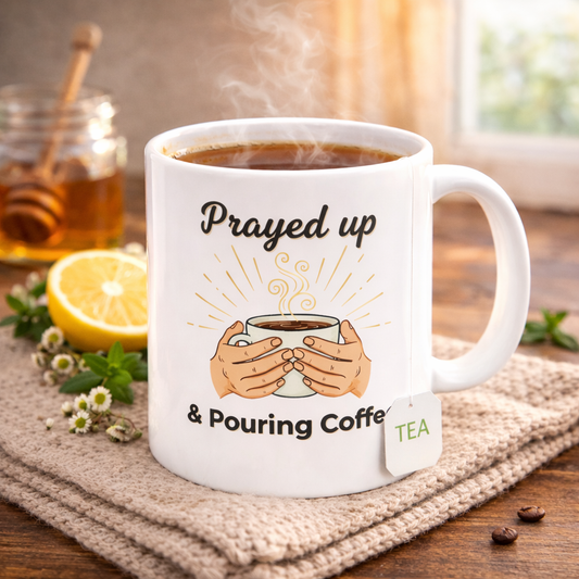 Prayed Up & Pouring Coffee Ceramic Mug — Faith-Based Coffee Cup (11oz, 15oz)