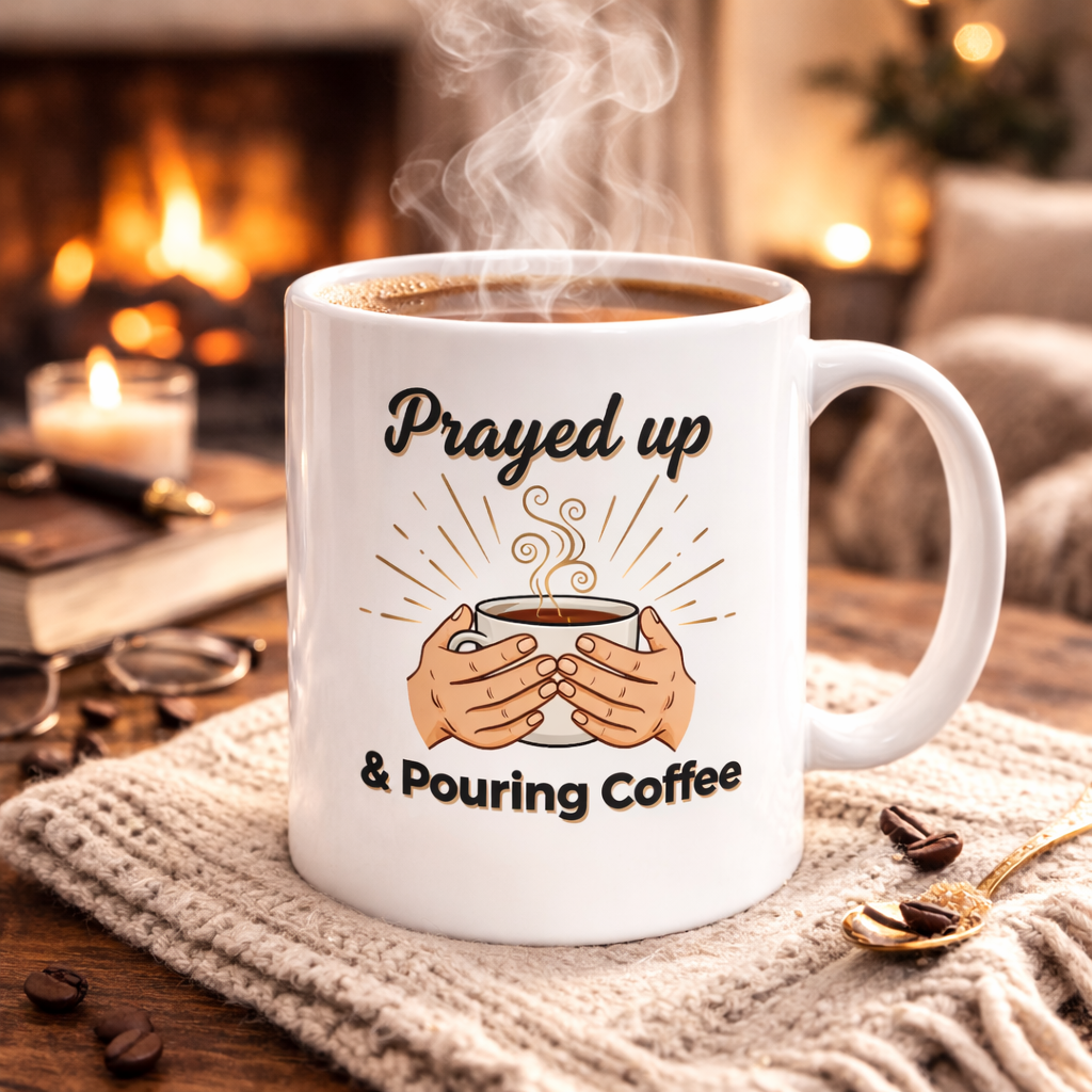 Prayed Up & Pouring Coffee Ceramic Mug — Faith-Based Coffee Cup (11oz, 15oz)