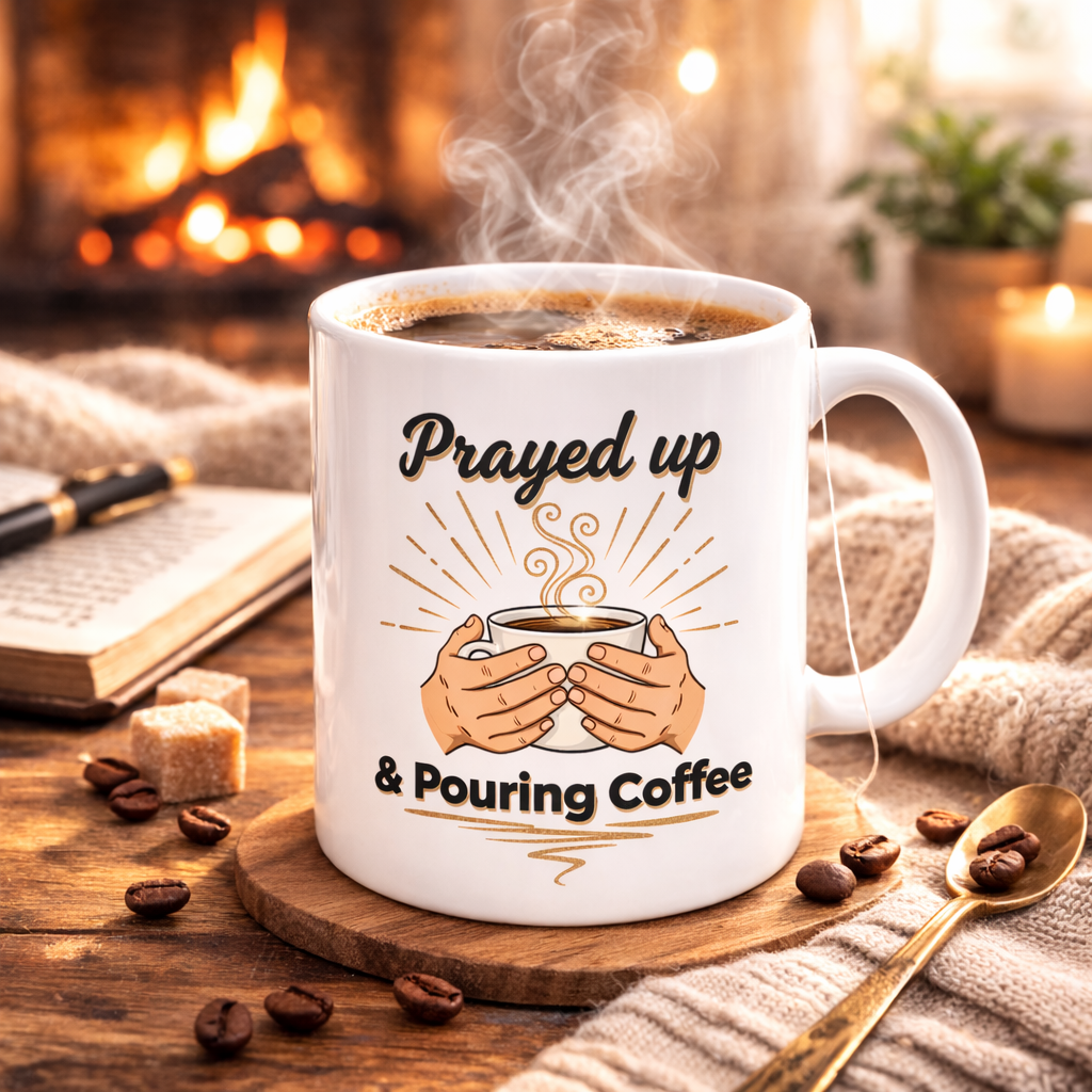 Prayed Up & Pouring Coffee Ceramic Mug — Faith-Based Coffee Cup (11oz, 15oz)