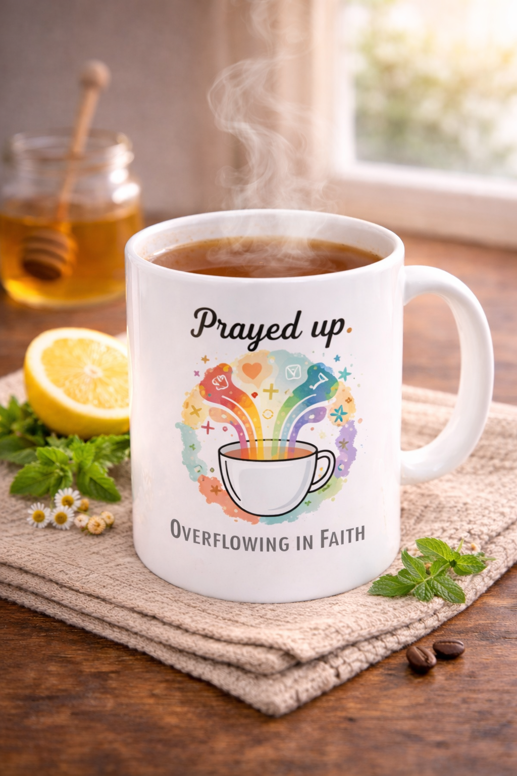 Prayed Up Ceramic Mug — "Overflowing in Faith" Inspirational Coffee Cup (11oz & 15oz)