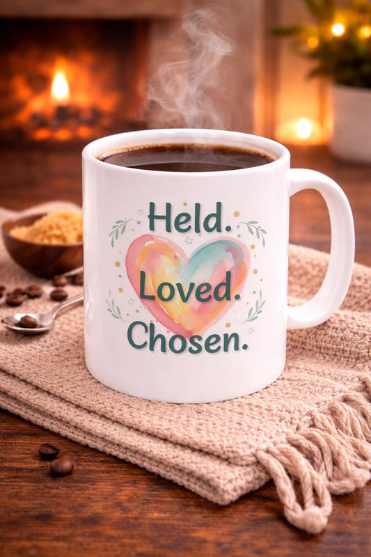 Held Loved Chosen Ceramic Mug — Inspirational Heart Coffee Cup (11oz, 15oz)