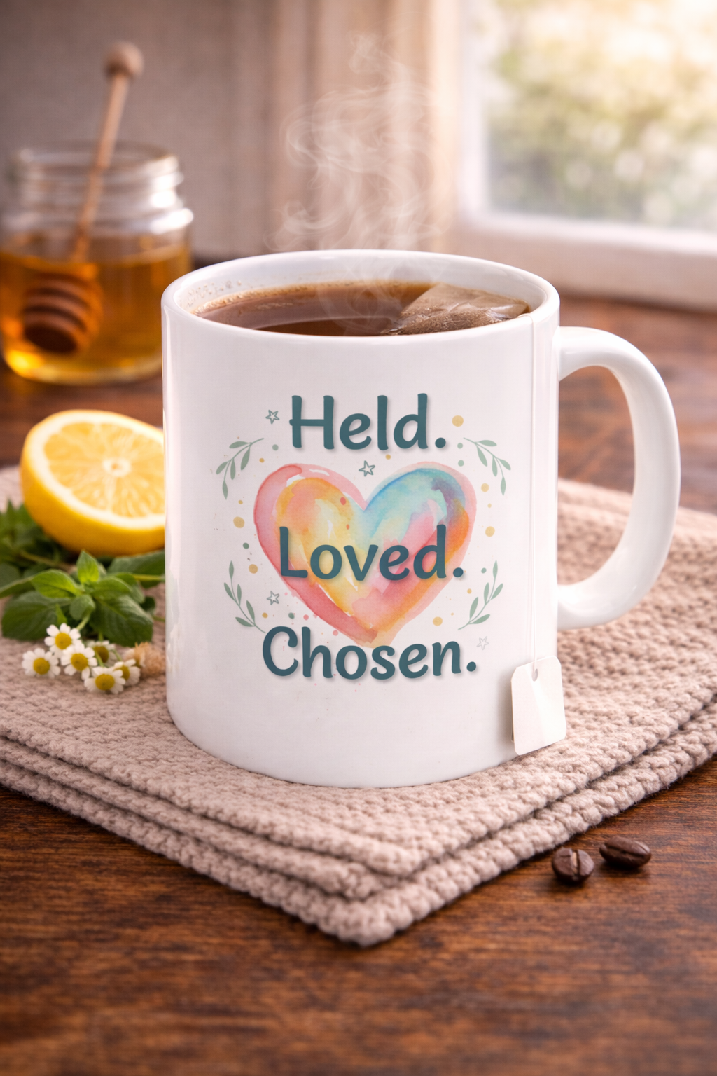 Held Loved Chosen Ceramic Mug — Inspirational Heart Coffee Cup (11oz, 15oz)