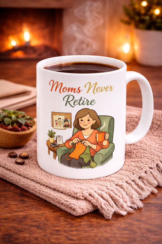 Ceramic Mug — "Moms Never Retire" Cozy Knit Mom Coffee Cup