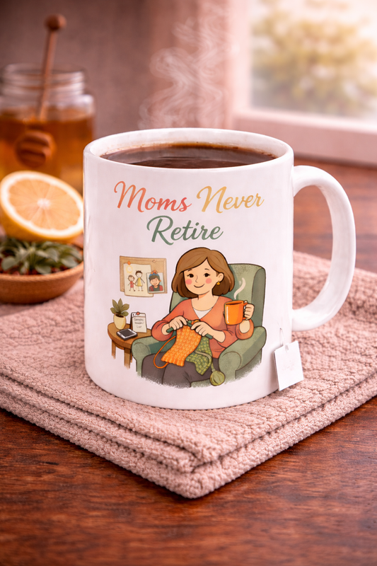 Ceramic Mug — "Moms Never Retire" Cozy Knit Mom Coffee Cup
